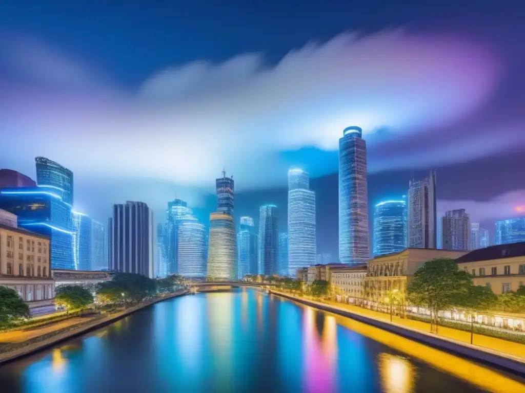 Futurista ciudad nocturna: luces LED y arquitectura innovadora Inversionistas globales mercado inmobiliario: Ciudad futurista con rascacielos brillantes y jóvenes profesionales intercambiando ideas