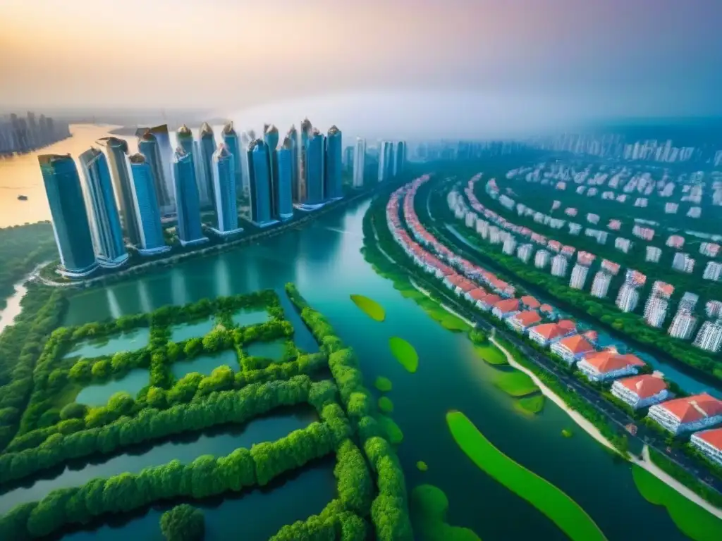 Metrópolis cosmopolita: Inversión inmobiliaria global Inversionistas globales mercado inmobiliario internacional: Vista aérea detallada de una ciudad vibrante con rascacielos, parques y agua