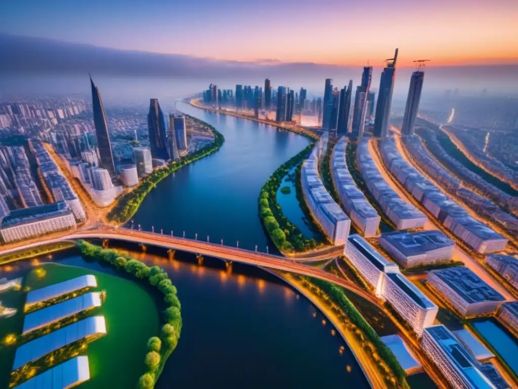 Metrópolis futurista: luces y naturaleza fusionadas al atardecer Inversionistas globales mercado inmobiliario: Ciudad futurista con rascacielos iluminados y río