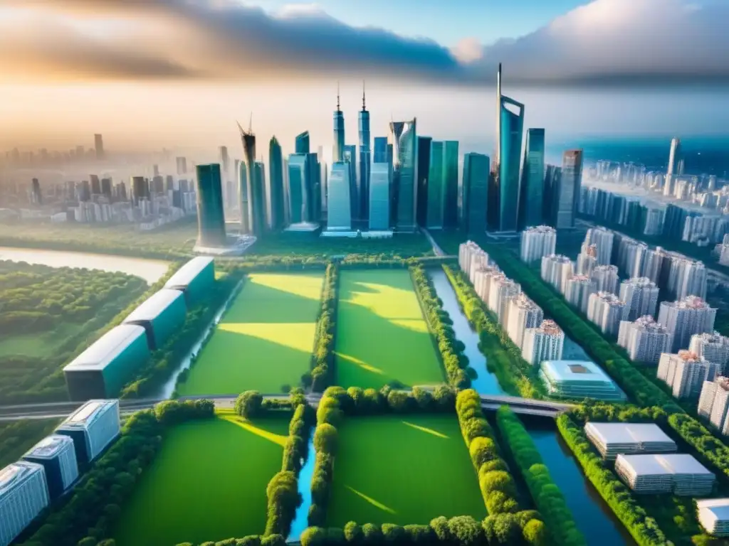 Espléndida ciudad global: arquitectura moderna y espacios verdes Inversionistas globales mercado inmobiliario: Vista aérea impresionante de una ciudad vibrante con rascacielos icónicos y áreas verdes