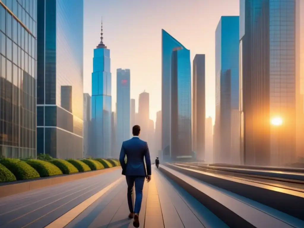 Horizonte urbano moderno al atardecer: sofisticación y prosperidad Inversionistas globales en mercado inmobiliario contemplando el atardecer urbano entre rascacielos iluminados por el sol poniente
