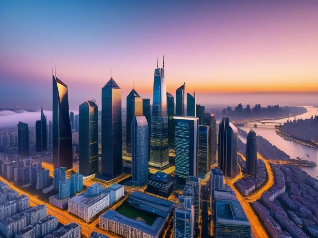 Horizonte urbano al atardecer: inversión inmobiliaria global Inversionistas globales mercado inmobiliario internacional: Vista impactante de una ciudad moderna al atardecer con rascacielos imponentes