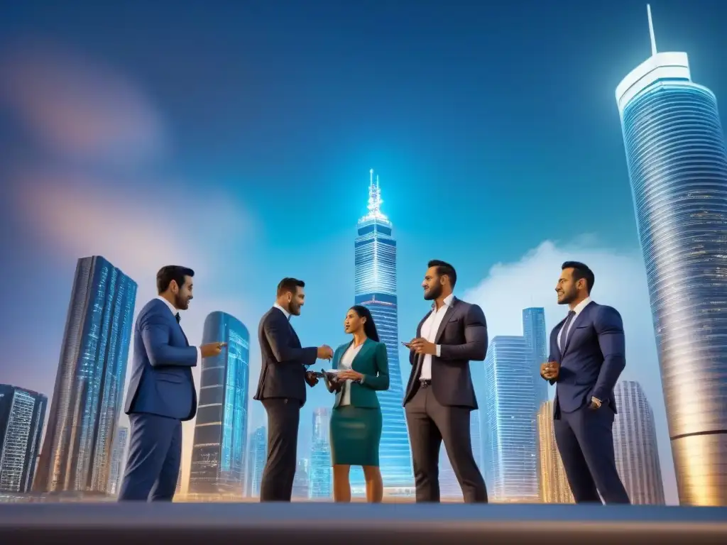 Inversores globales en mercado inmobiliario internacional Inversionistas globales en mercado inmobiliario internacional intercambiando contratos bajo modernos rascacielos