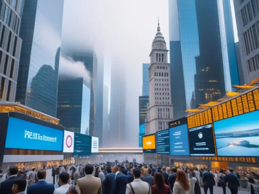 Distrito financiero global: profesionales analizan REITs Inversionistas globales REITs mercado inmobiliario: Profesionales analizan datos en distrito financiero futurista