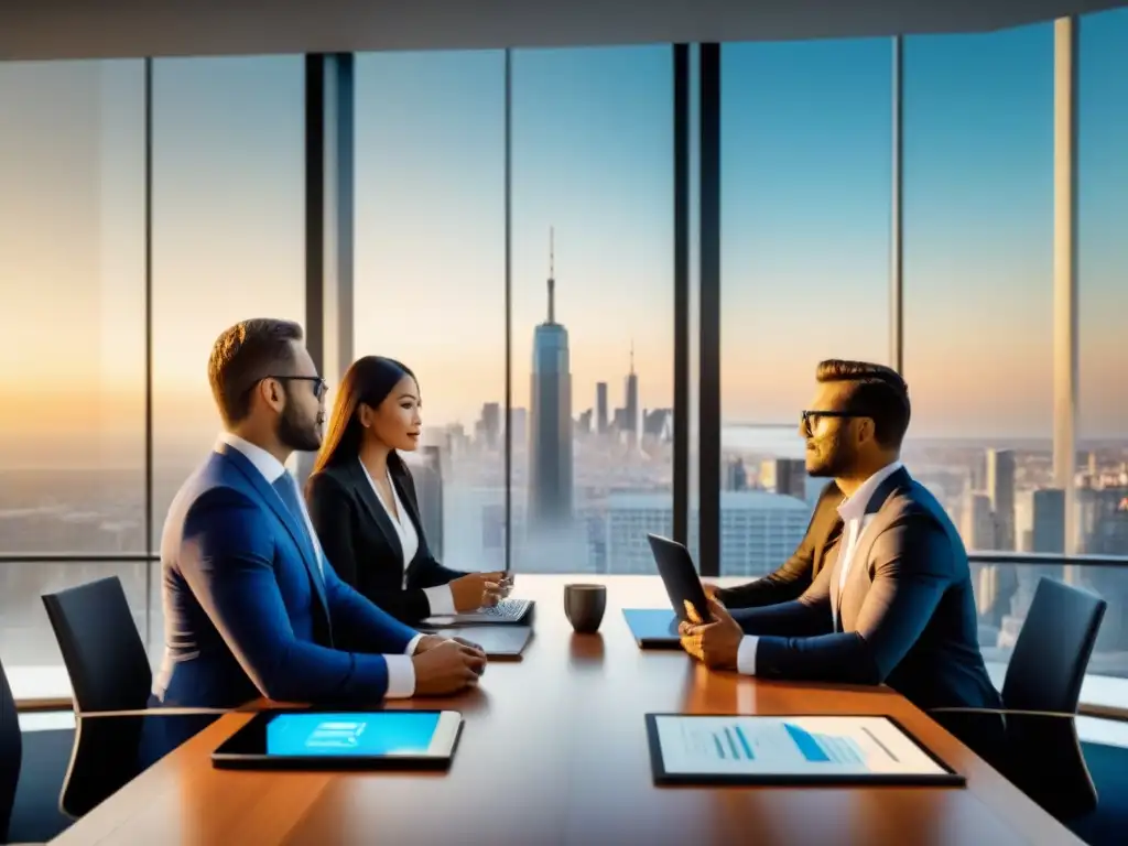 Inversionistas globales triunfadores en sala futurista Inversionistas globales REITs mercado inmobiliario analizan estrategias en moderna sala de juntas futurista con vista urbana
