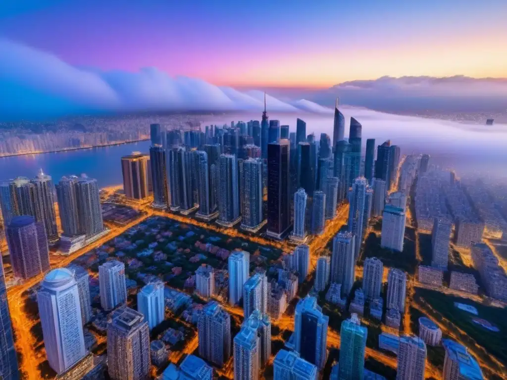 Inversiones inmobiliarias globales: ciudad cosmopolita al atardecer Inversionistas globales REITs mercado inmobiliario: Vista aérea de una ciudad moderna y vibrante al anochecer