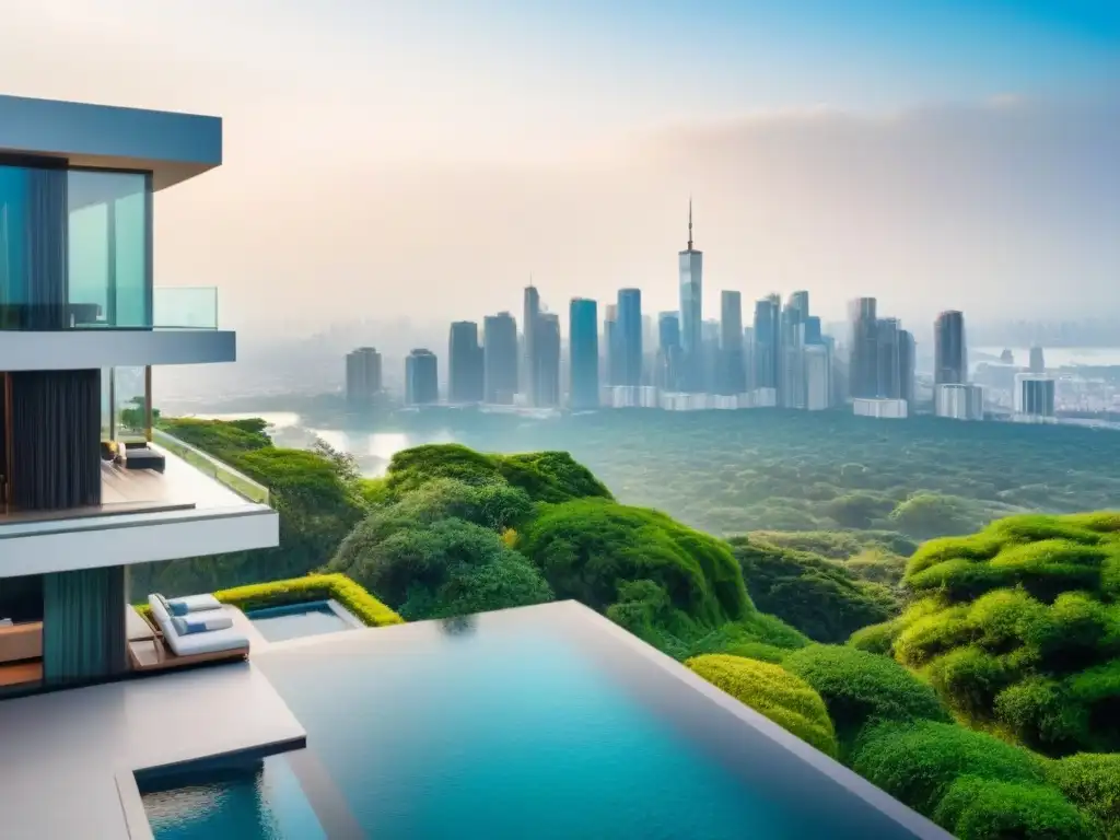 Residencia ultramoderna de lujo con vista panorámica Inversionistas globales mercado inmobiliario: Una megamansión ultramoderna rodeada de exuberante vegetación y una ciudad brillante al fondo