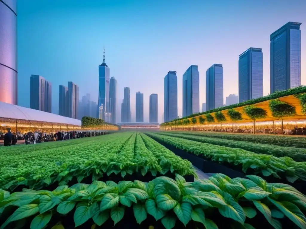 Mercado inmobiliario futurista: rascacielos de cristal y naturaleza Inversionistas globales mercado inmobiliario: Impactante paisaje urbano futurista al atardecer con rascacielos de vidrio y vegetación