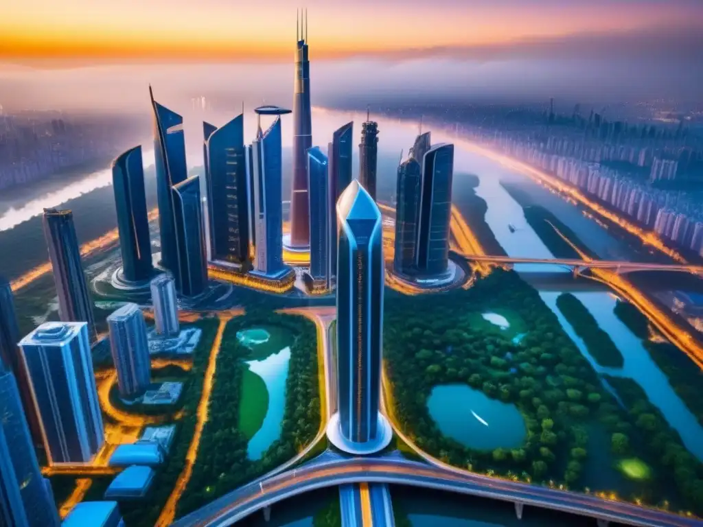 Metrópolis futurista al atardecer: innovación y armonía urbana Inversionistas globales mercado inmobiliario: Ciudad futurista al atardecer, con rascacielos modernos y naturaleza exuberante