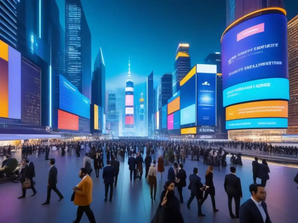Metrópolis futurista: crecimiento inmobiliario global en acción Inversionistas globales en mercado inmobiliario de ciudad futurista con rascacielos innovadores y pantallas digitales