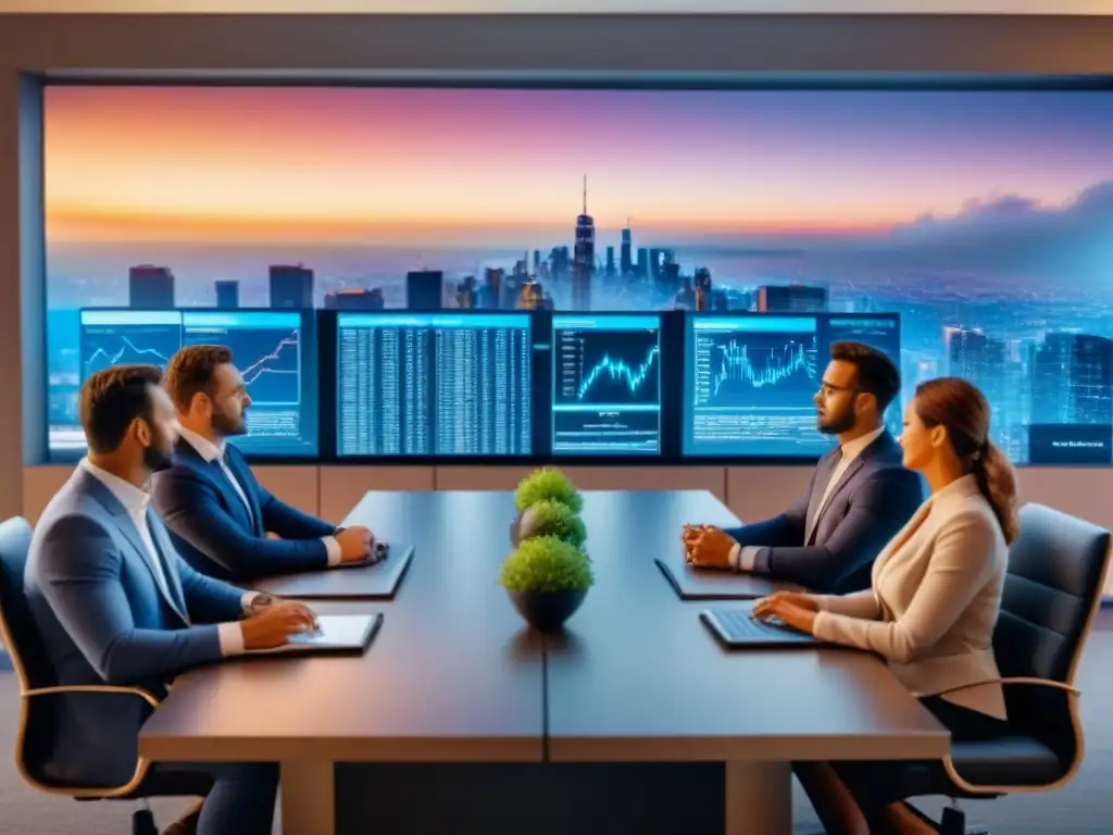 Inversores globales en sala de juntas: estrategias de mercado inmobiliario Inversionistas globales en mercado inmobiliario debatiendo en sala de juntas de alta tecnología con vista panorámica urbana al atardecer