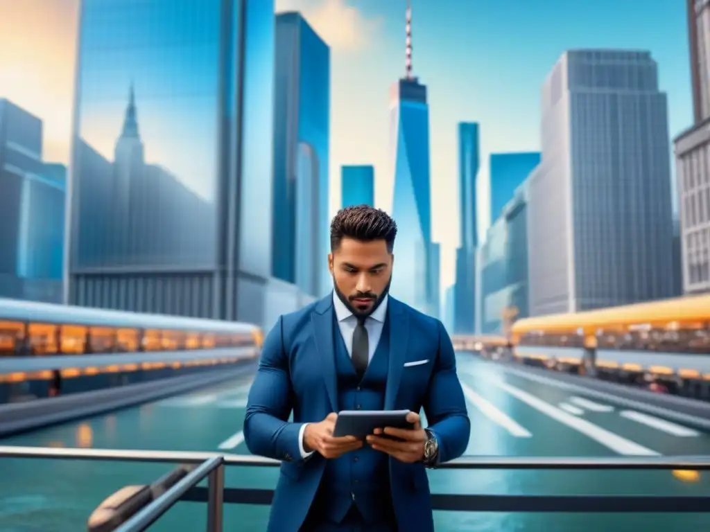 Inversores globales analizan mercado inmobiliario en distrito financiero Inversionistas globales en mercado inmobiliario analizan tendencias con tablets y laptops en distrito financiero futurista