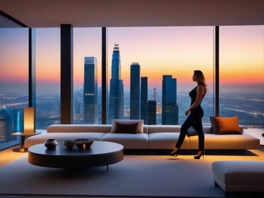 Esplendor urbano: atardecer en rascacielos de lujo Inversionistas globales en mercado inmobiliario: Edificio moderno con vistas urbanas al atardecer, luces vibrantes y diseño elegante