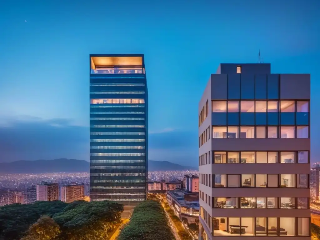 Invierte en México: Edificio de lujo en CDMX al anochecer Inversionistas globales mercado inmobiliario México: lujoso rascacielos en CDMX, con ventanales de cristal y luces nocturnas de la ciudad reflejadas