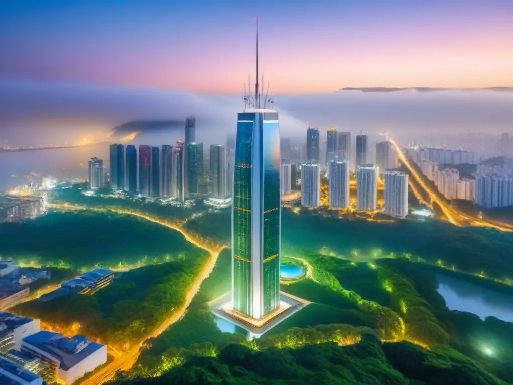 Espectacular rascacielos moderno rodeado de vegetación en la noche Inversionistas globales mercado inmobiliario lujo: rascacielos moderno rodeado de vegetación, reflejando luces de la ciudad
