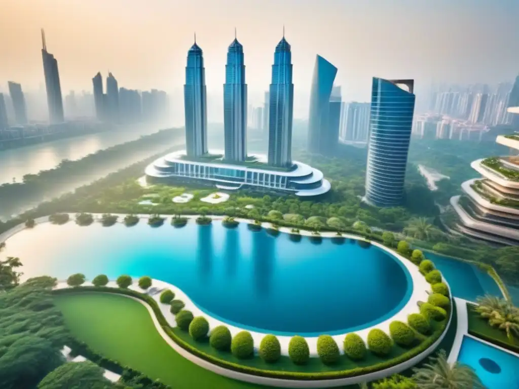 Esplendor urbano: lujo y modernidad en un rascacielos exclusivo Inversionistas globales mercado inmobiliario lujo: Edificio de lujo en ciudad global con jardines y piscina en la azotea