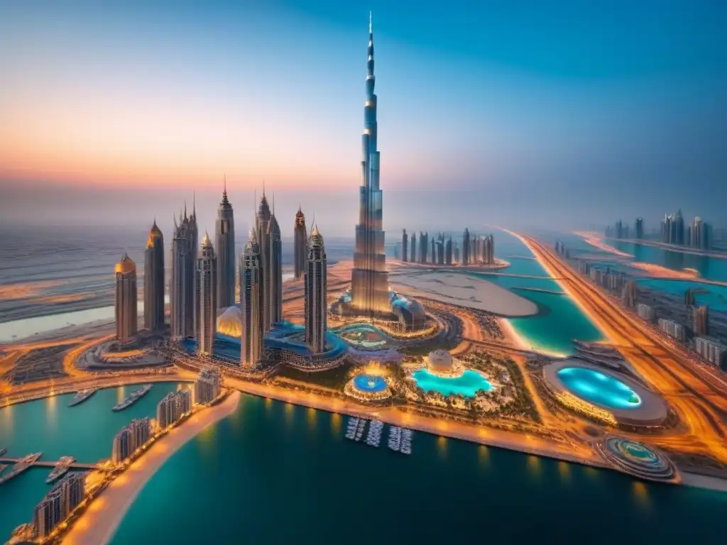 Espectacular atardecer en el skyline de Dubai Inversionistas globales mercado inmobiliario internacional disfrutan atardecer vibrante en Dubai