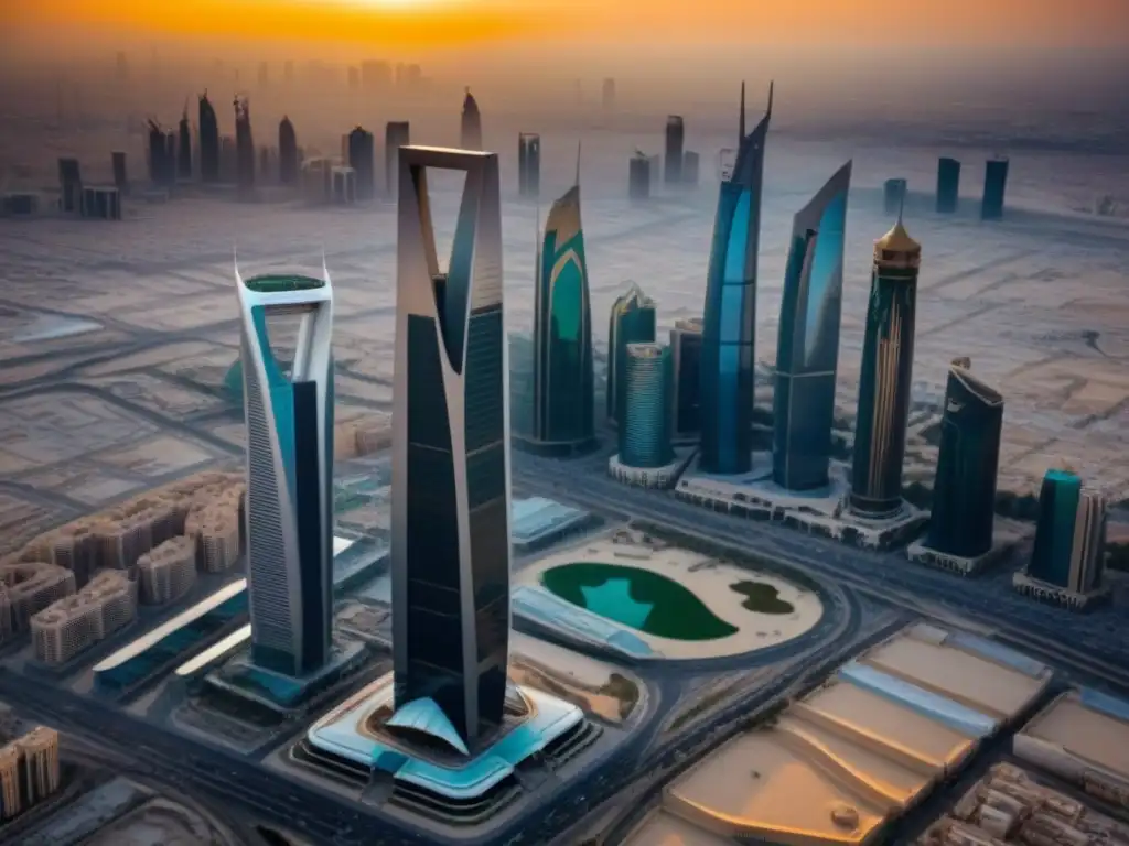 Horizonte moderno de Riyadh: luces y sombras Inversionistas globales en mercado inmobiliario: Vista aérea detallada de la moderna y futurista ciudad de Riad al atardecer