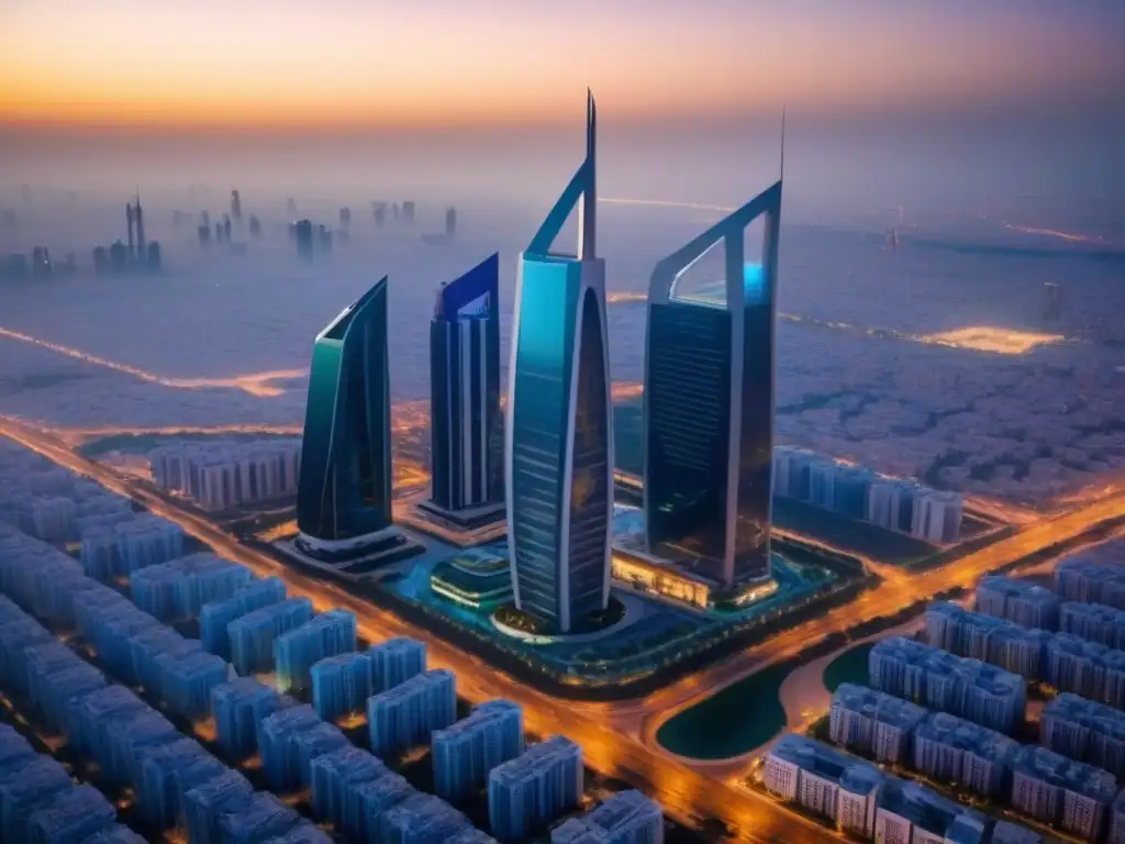 Esplendor urbano: complejo de rascacielos futurista en Riyadh Inversionistas globales en mercado inmobiliario: Majestuoso complejo de rascacielos futuristas en Riyadh al atardecer