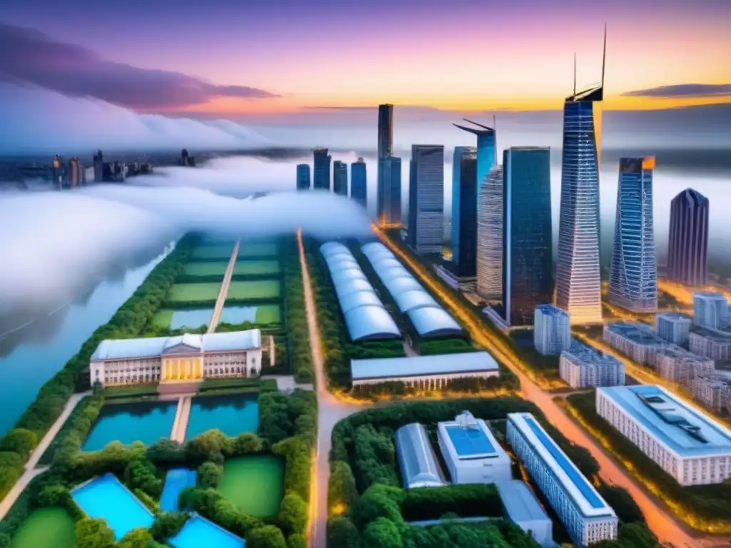 Oportunidades inmobiliarias: ciudad moderna al atardecer Inversionistas globales en mercado inmobiliario: Ciudad vibrante con rascacielos modernos y edificios históricos al atardecer