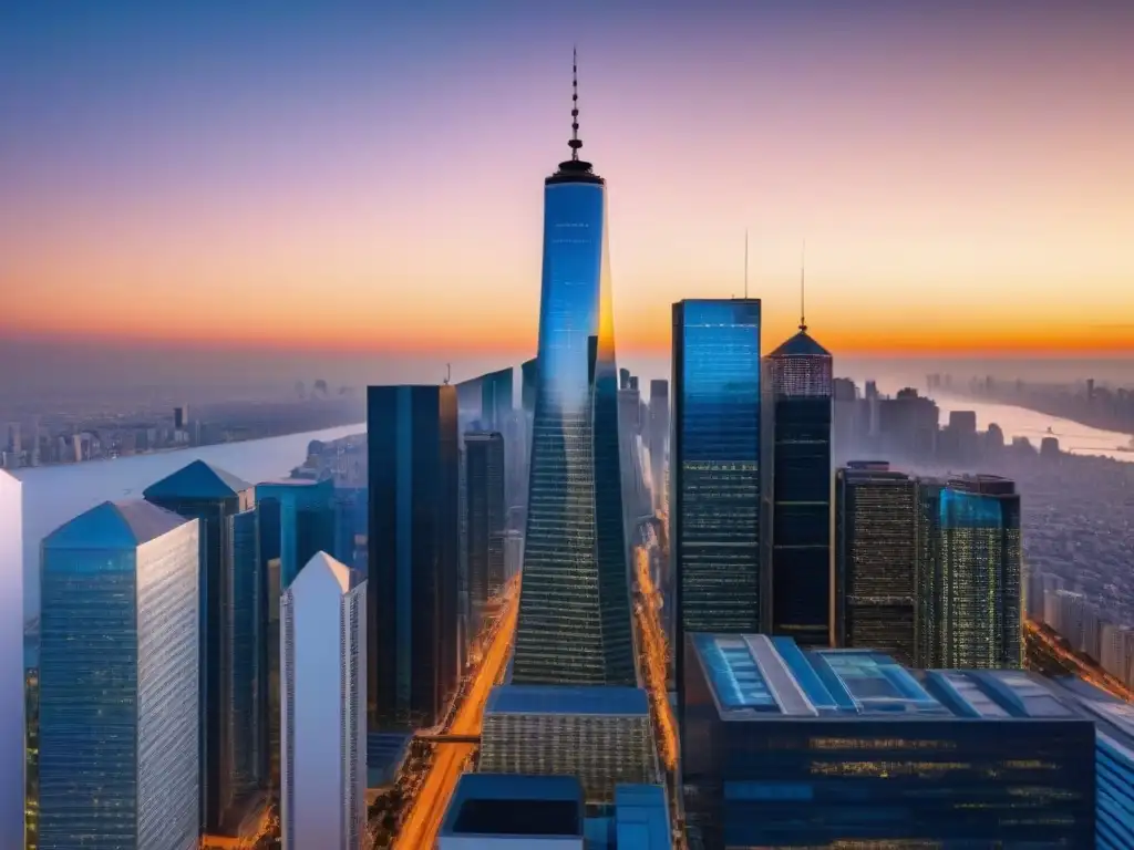 Skyline urbano al atardecer: inversores globales en acción Inversionistas globales en mercado inmobiliario explorando oportunidades al atardecer en una ciudad moderna y dinámica