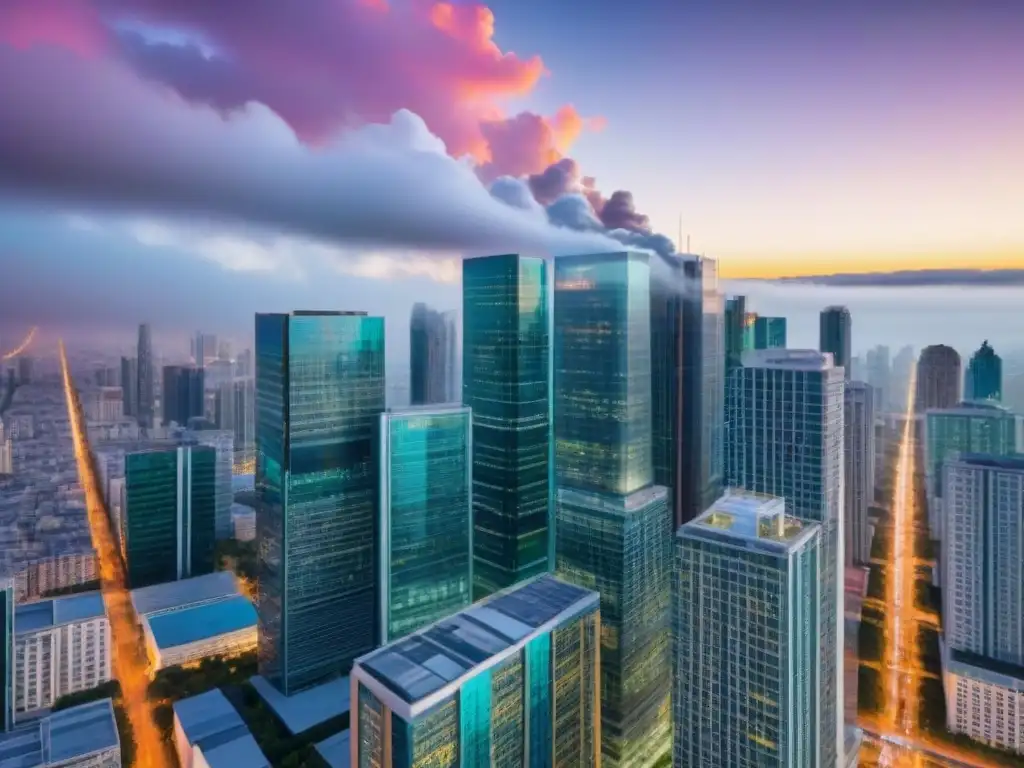 Metrópolis vibrante: Oportunidades de inversión inmobiliaria global Inversionistas globales en mercado inmobiliario: Ciudad vibrante con rascacielos iluminados al anochecer