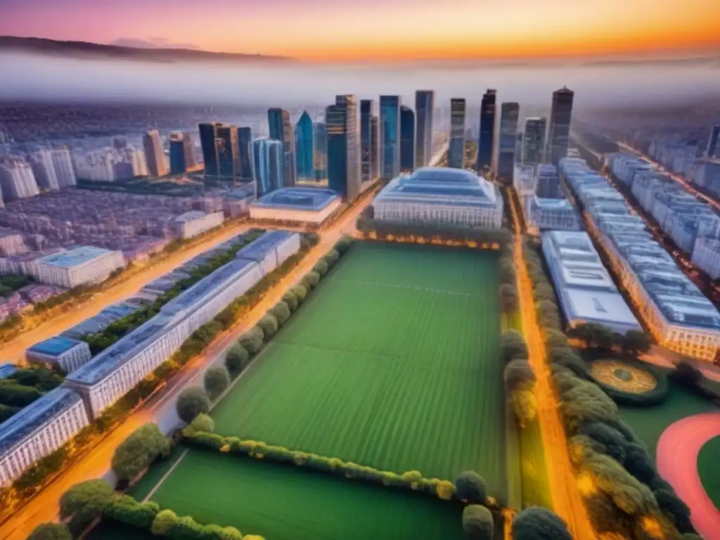 Espléndida vista aérea de una ciudad moderna al atardecer Inversionistas globales en mercado inmobiliario: Ciudad moderna y dinámica al atardecer, con rascacielos, parques verdes y calles vibrantes