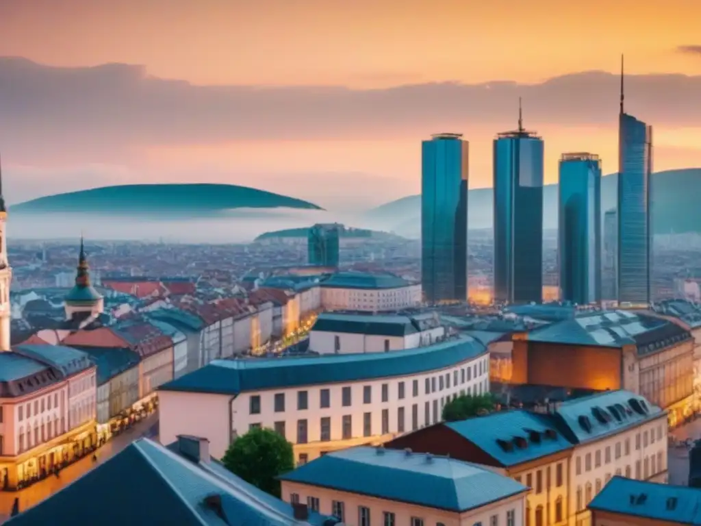 Horizonte urbano de Europa del Este: mezcla histórica y moderna Inversionistas globales exploran mercado inmobiliario en Europa Oriental: mezcla de arquitectura histórica y moderna en la ciudad al atardecer