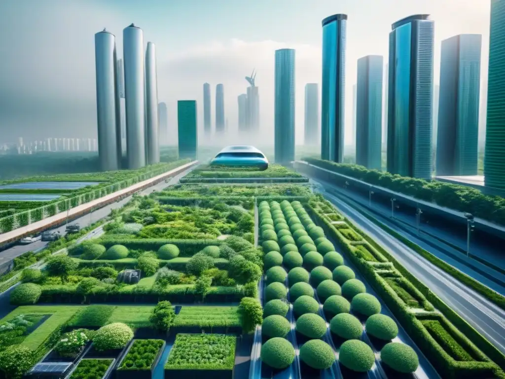 Horizonte urbano futurista: rascacielos verdes y tecnología sostenible Inversionistas globales mercado inmobiliario internacional: Ciudad futurista con rascacielos verdes y tecnología sostenible