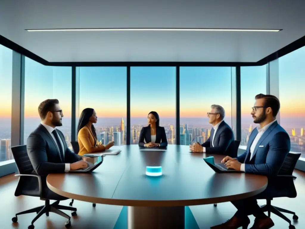 Inversores globales en reunión estratégica de bienes raíces Inversionistas globales en el mercado inmobiliario internacional debaten estrategias en moderna oficina con vista a la ciudad