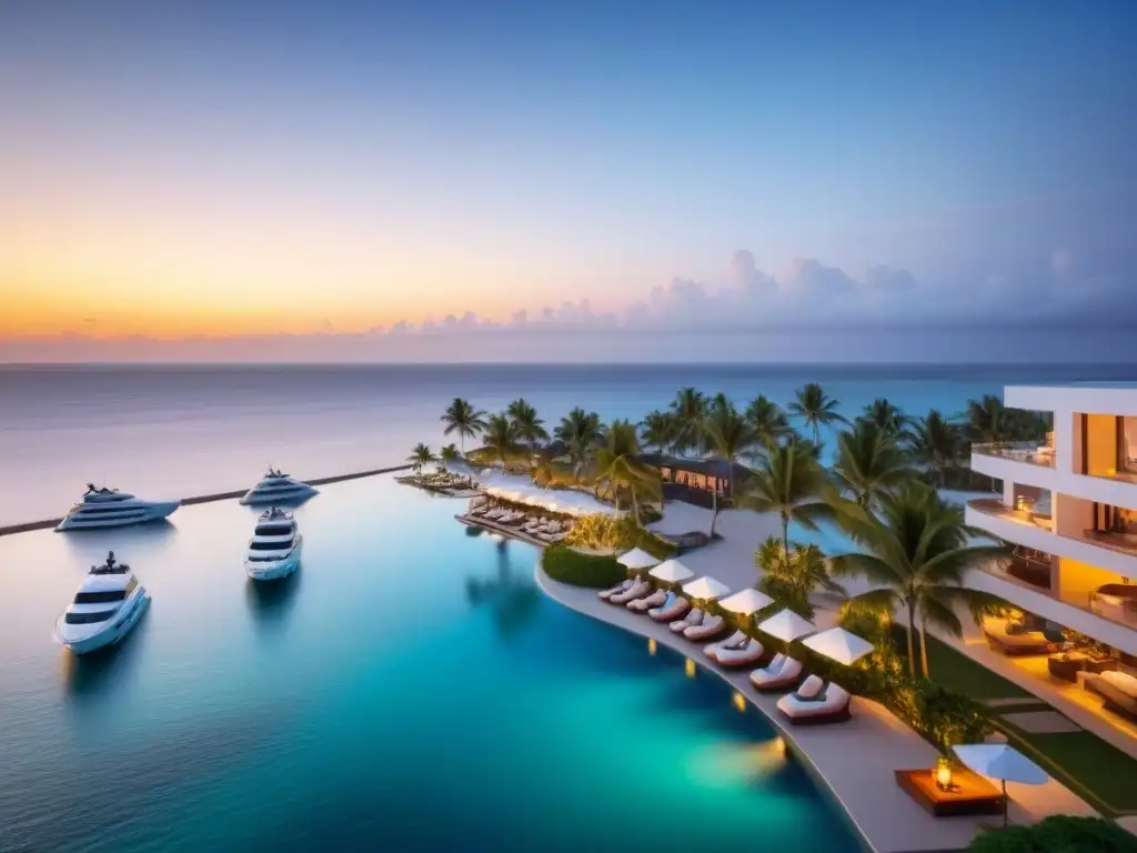 Resort de lujo frente al mar al atardecer: inversión exclusiva Inversionistas globales mercado inmobiliario internacional: Atardecer en lujoso resort playero con piscinas infinitas y palmeras al viento