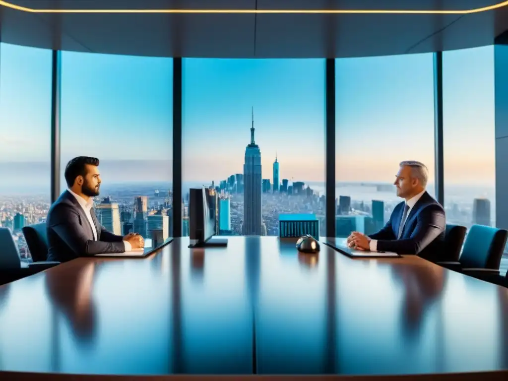 Inversores globales analizan mercado inmobiliario en sala de juntas futurista Inversionistas globales analizando mercado inmobiliario internacional en sala de juntas moderna con vista a ciudad global