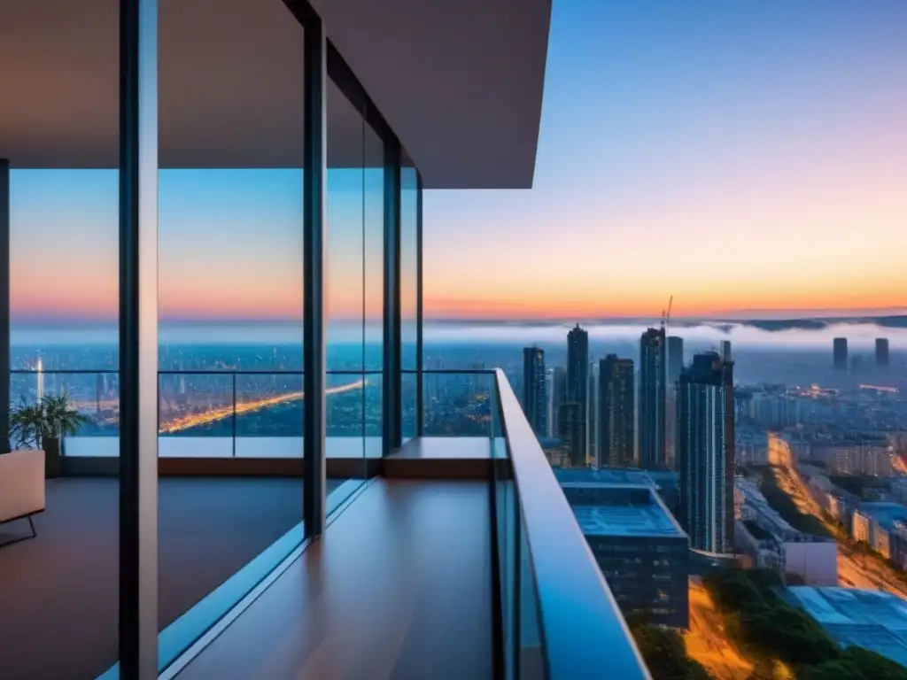 Edificio de apartamentos moderno con vistas urbanas al anochecer Inversionistas globales mercado inmobiliario internacional: Edificio de lujo con ventanales reflejando la ciudad al anochecer