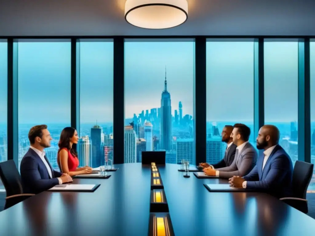 Inversores globales modernos en reunión estratégica de inversión Inversionistas globales en moderna sala de juntas, discutiendo estrategias de inversión inmobiliaria en los mejores nichos