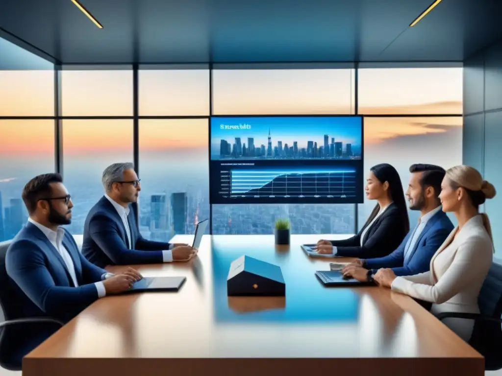 Inversionistas globales en moderna sala de juntas, colaborando estratégicamente en mercado inmobiliario internacional