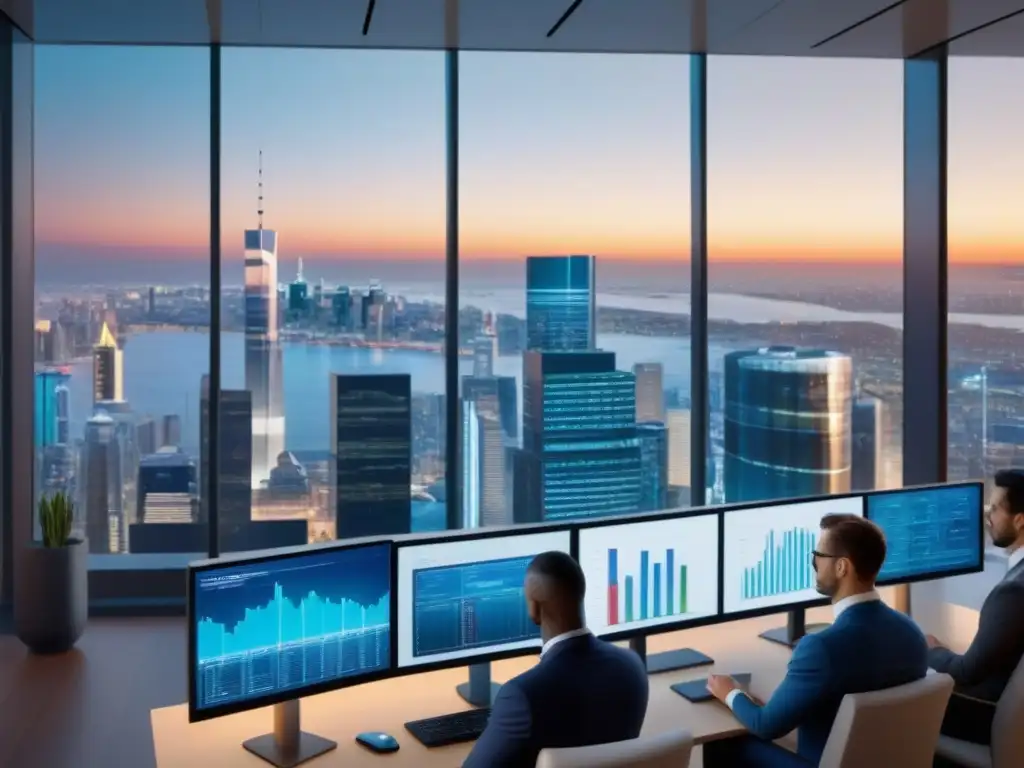 Inversores globales analizan REITs en hub financiero ultramoderno Inversionistas globales analizando REITs en moderno centro financiero