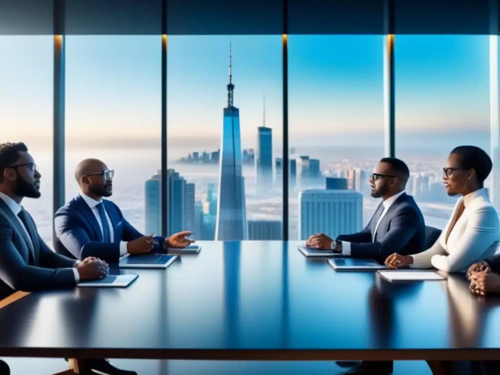 Inversores globales analizan datos inmobiliarios africanos en sala futurista Inversionistas globales discuten oportunidades inmobiliarias en África Subsahariana, rodeados de tecnología y elegancia