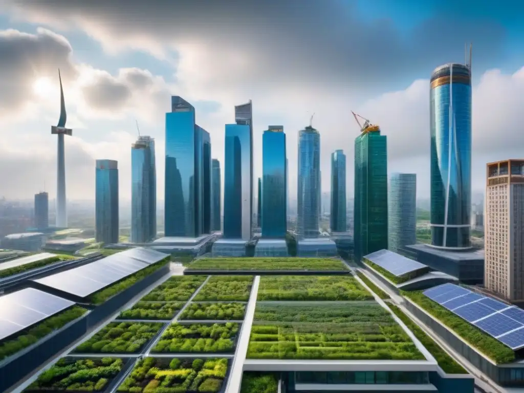 Inversores globales discuten proyectos inmobiliarios verdes Inversionistas globales en un paisaje urbano futurista con infraestructura verde