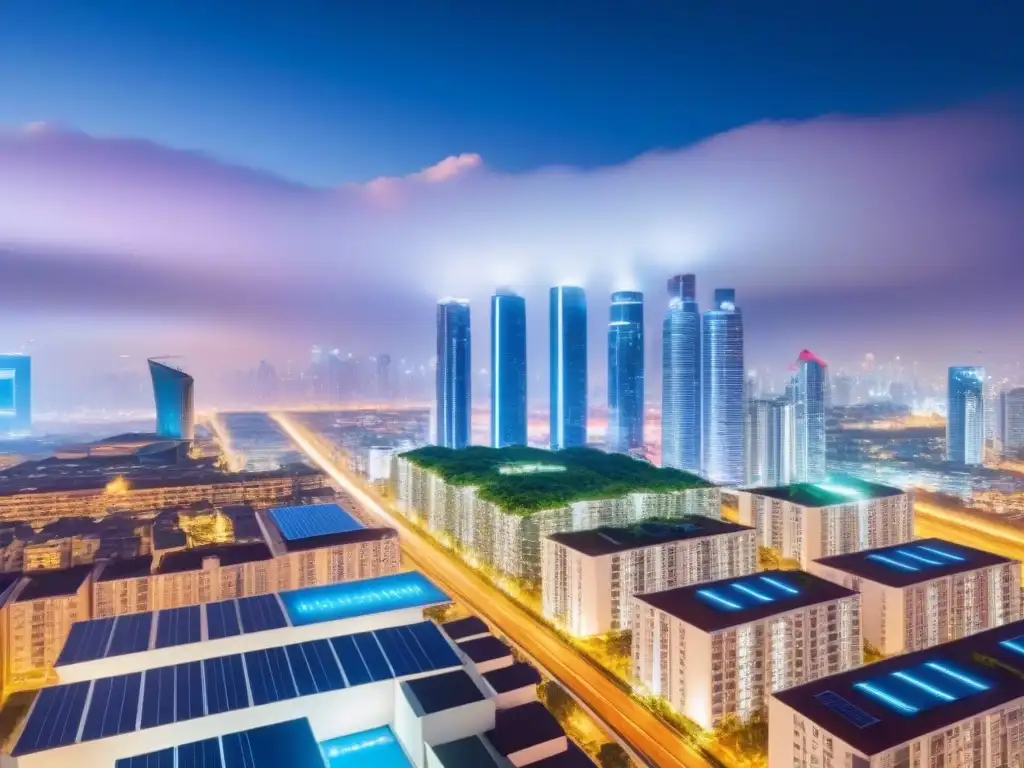 Cityscape futurista: tecnología y sofisticación inmobiliaria Inversionistas globales encuentran innovación en plataformas PropTech en la ciudad futurista iluminada por neones