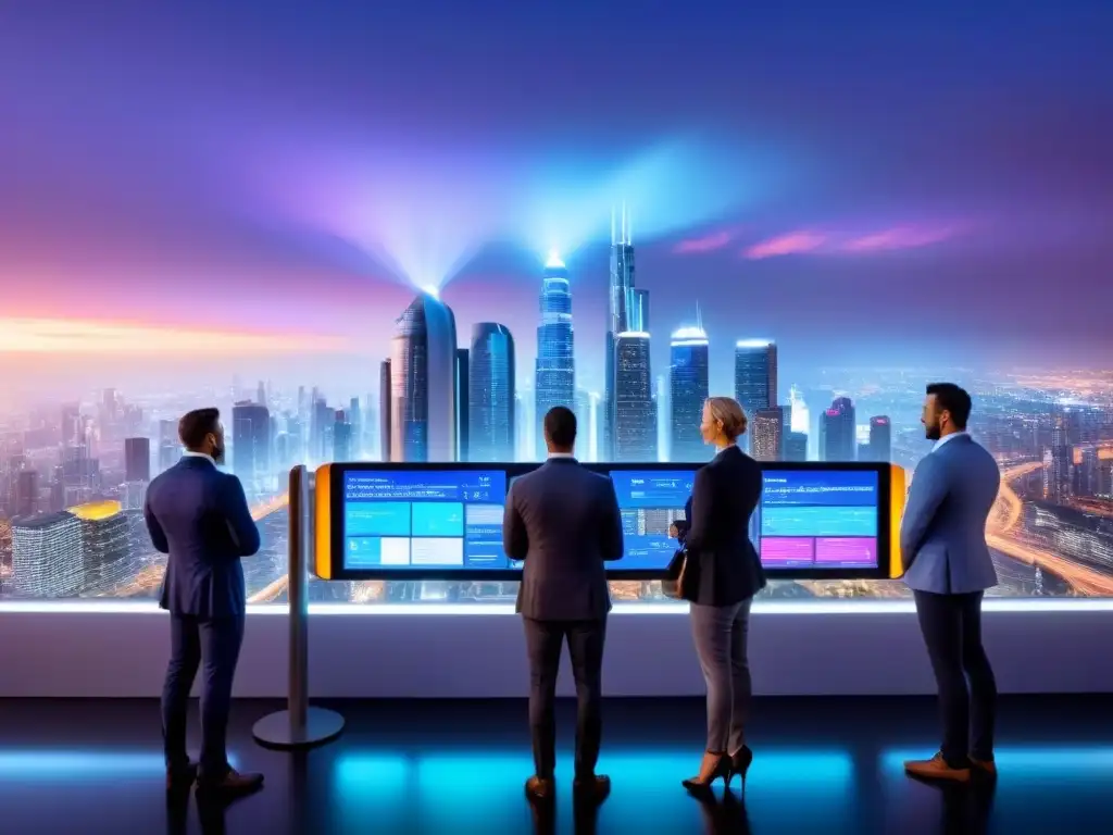 Skyline futurista: inversores globales en PropTech Inversionistas globales en plataformas PropTech discuten estrategias en skyline futurista iluminado