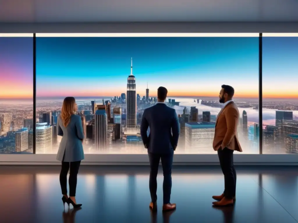 Inversores globales analizan propiedades inmobiliarias en holograma 8k Inversionistas globales en plataformas PropTech analizan propiedades en holograma