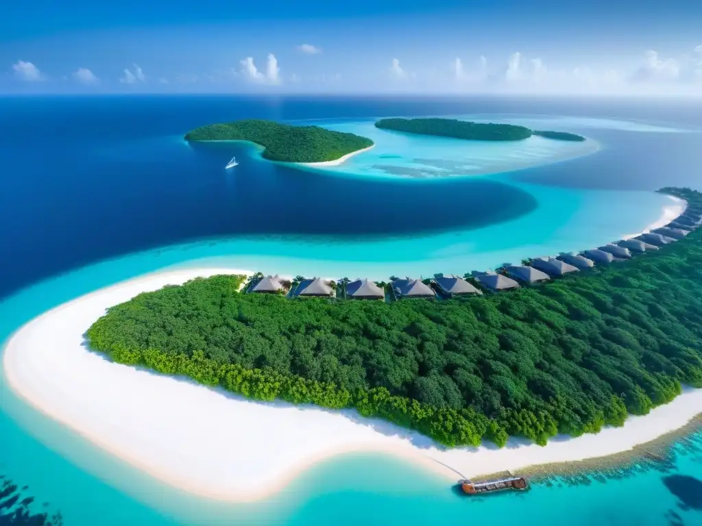 Paraíso privado de lujo: villas modernas y aguas cristalinas Inversionistas globales: Isla privada de lujo al atardecer con villas modernas, agua turquesa y yate en muelle
