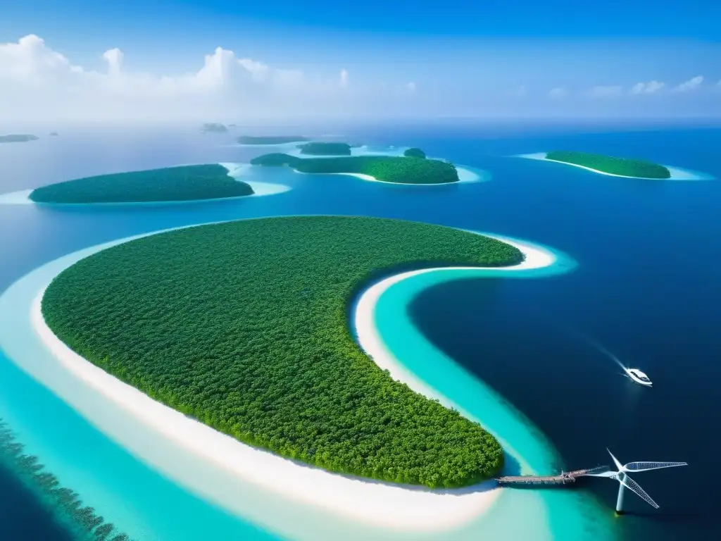 Isla privada sostenible: paraíso moderno del futuro Inversionistas globales: isla privada sostenible con arquitectura ecofriendly y paisajes verdes