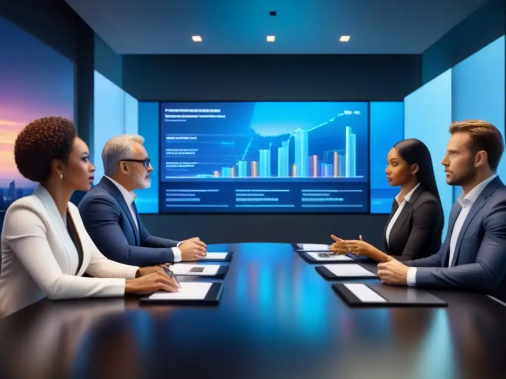 Inversores globales analizan propiedad intelectual en sala futurista Inversionistas globales abordan problemas de derechos propiedad en sala de juntas moderna