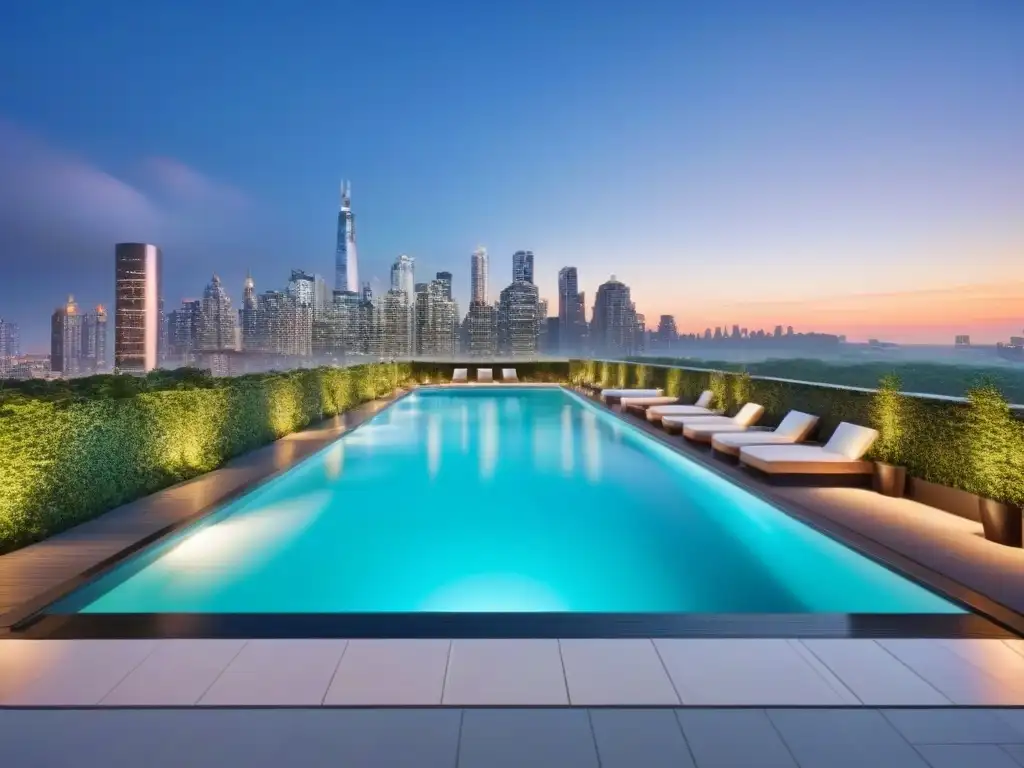 Rascacielos de lujo con piscina en la azotea al atardecer Inversionistas globales en propiedades alquiler disfrutan de lujoso edificio con piscina en la azotea y vista urbana al atardecer