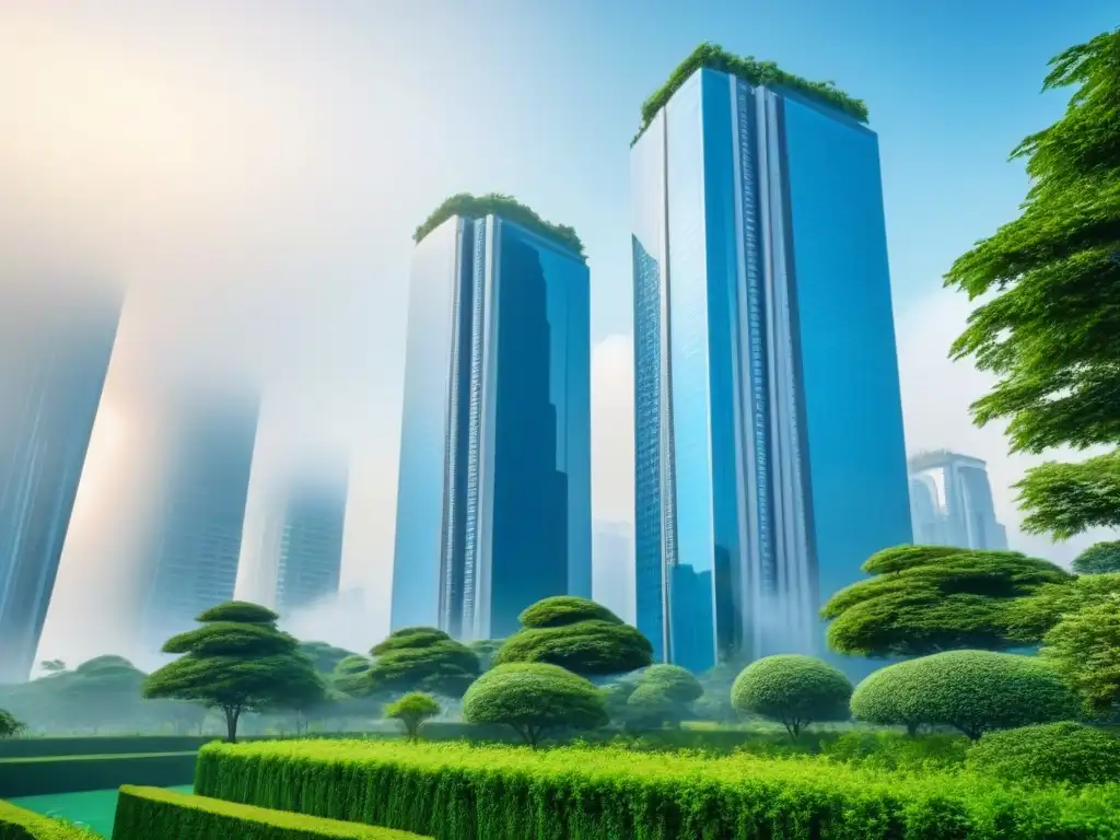 Rascacielos moderno entre naturaleza exuberante: lujo urbano Inversionistas globales propiedades exclusivas: Imponente rascacielos moderno rodeado de exuberante vegetación, reflejando lujo y sofisticación