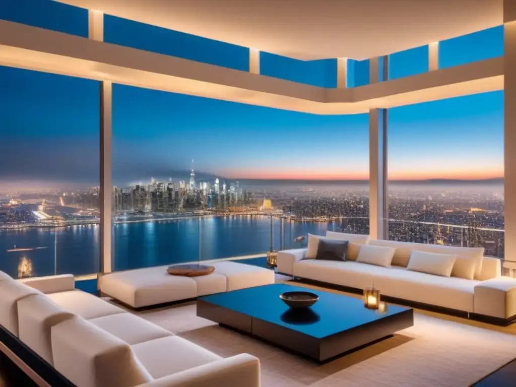 Penthouse de lujo con vista panorámica nocturna de la ciudad Inversionistas globales propiedades exclusivas: un penthouse de lujo con vista nocturna a la ciudad, decoración moderna y ventanales de piso a techo