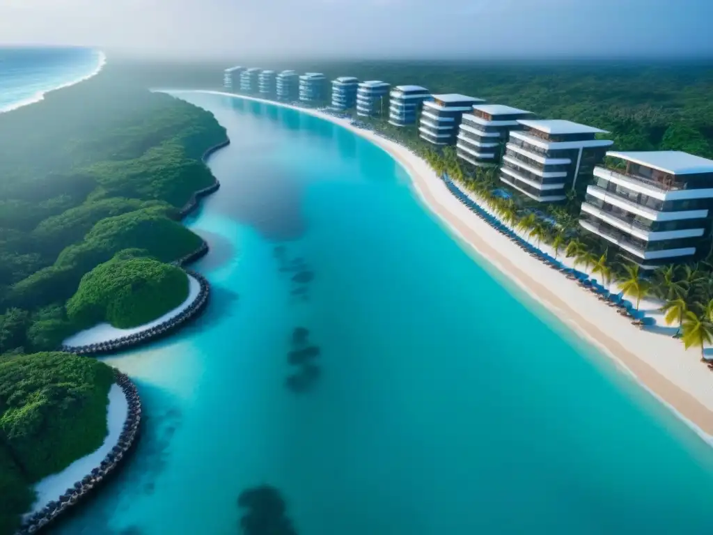 Resort de lujo frente al mar: Exclusividad y relax en inversión segura Inversionistas globales proyectos tiempo compartido: Resort de lujo frente al mar con aguas turquesas y arquitectura moderna entre vegetación tropical