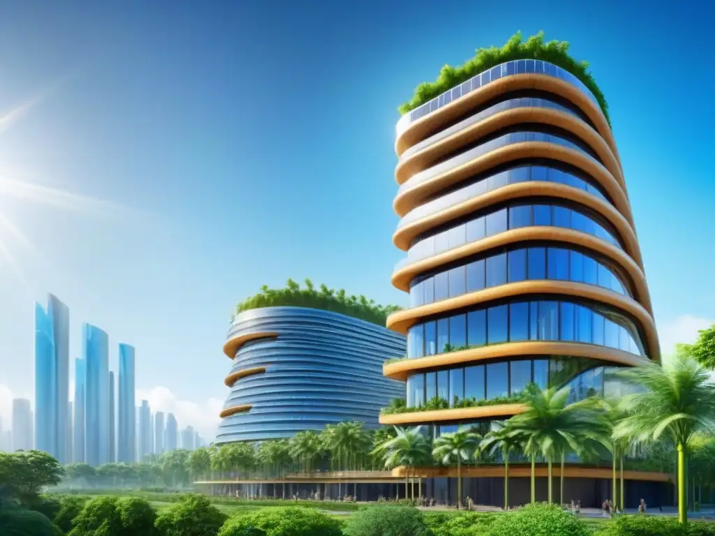 Rascacielos ecoamigable: diseño innovador y sostenible Inversionistas globales admirando un rascacielos sostenible de bambú, vidrio reciclado y paneles solares, rodeado de naturaleza