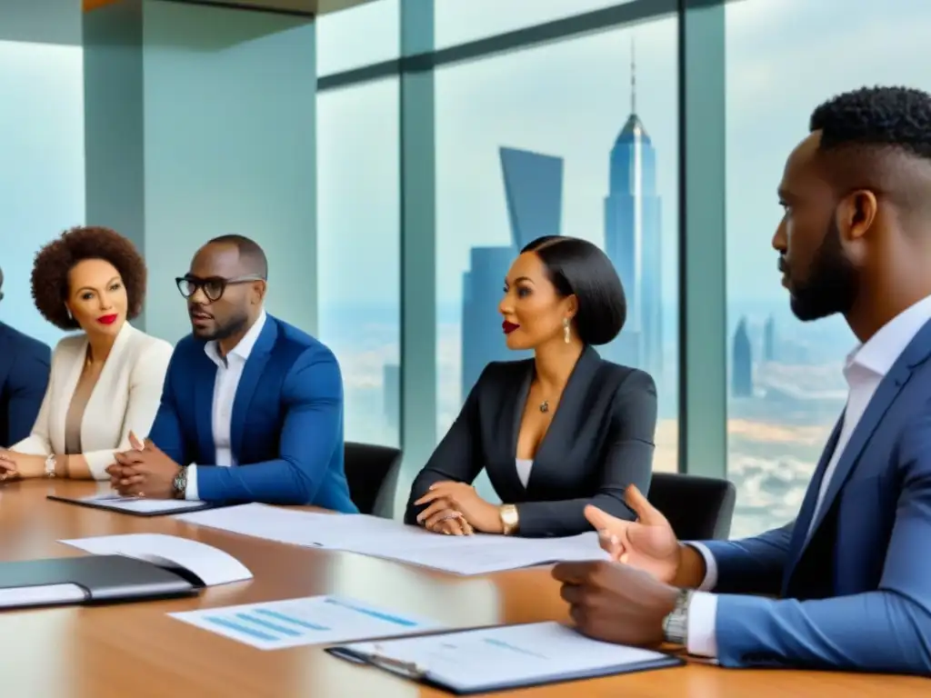 Inversores globales en moderna sala de juntas africana Inversionistas globales en reunión de negocios en moderno salón de juntas, reflejando oportunidades de financiamiento inmobiliario África Subsahariana